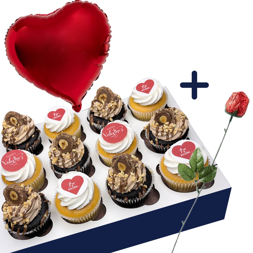 12x Ferrero Valentine Cupcakes +Choco rose + Heart balloon